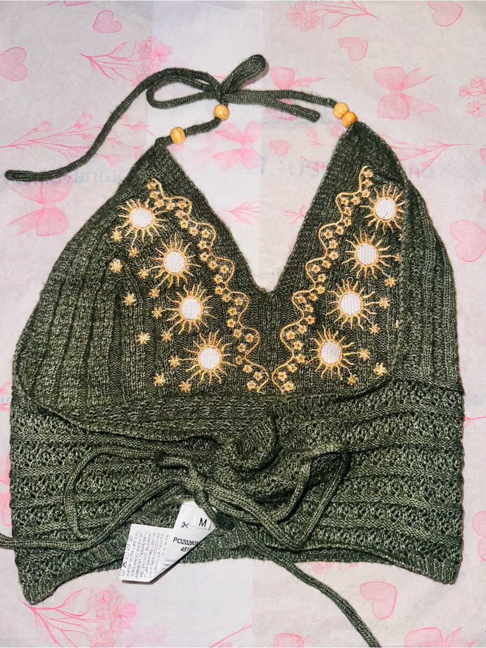 Amazon Essentials Olive Green Halter Crop Top with Gold Embroidery
